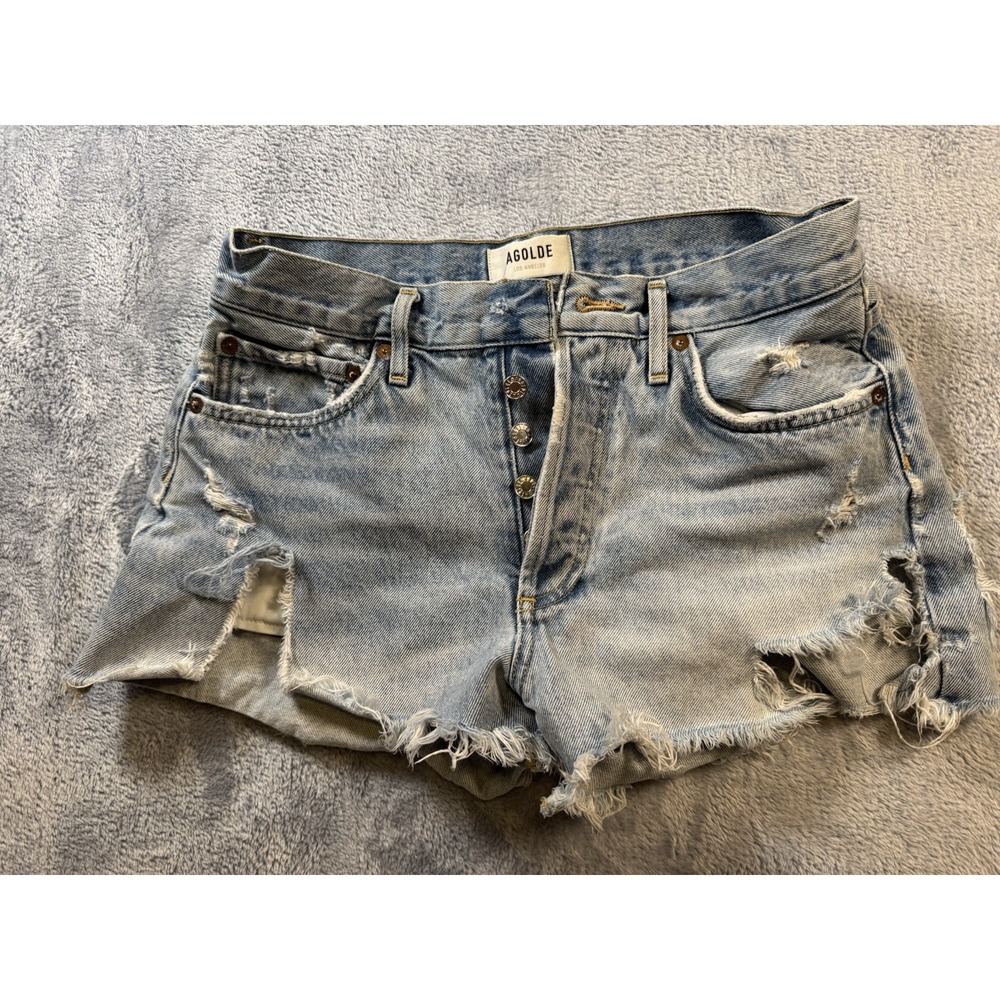 AGOLDE Parker Vintage Cut Off Denim Shorts Light Blue Distressed A026-811 26